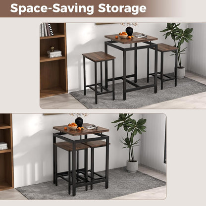 Giantex Small Dining Table Set for 2 - Counter Height Table Set with 2 Stools, Floating Tabletop, Footrest, Metal Frame, Breakfast Nook Table Set for Apartment, Kitchen Table Chairs Set of 2, Brown