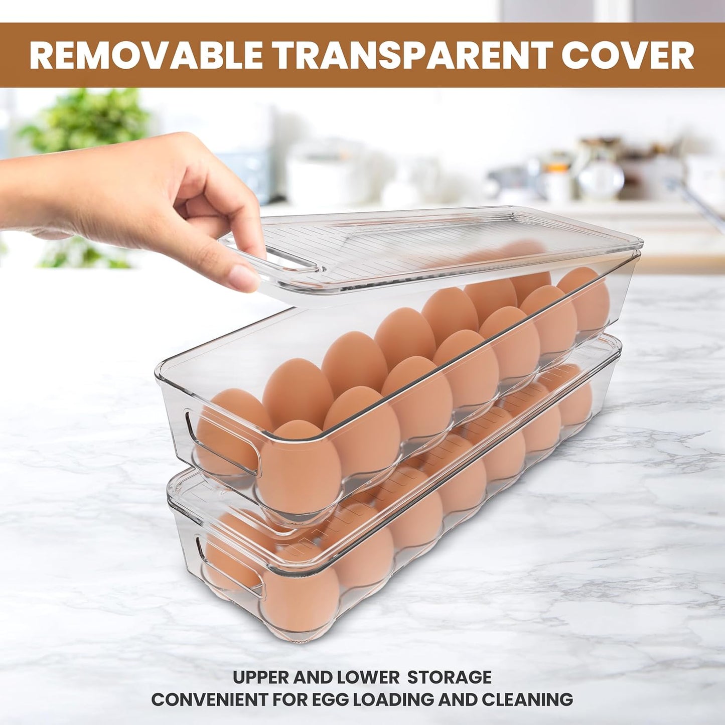 Utopia Home Egg Container With Lid and Handle for Refrigerator - Pack of 3 - Clear Stackable Egg Holder for Kitchen Storage and organization