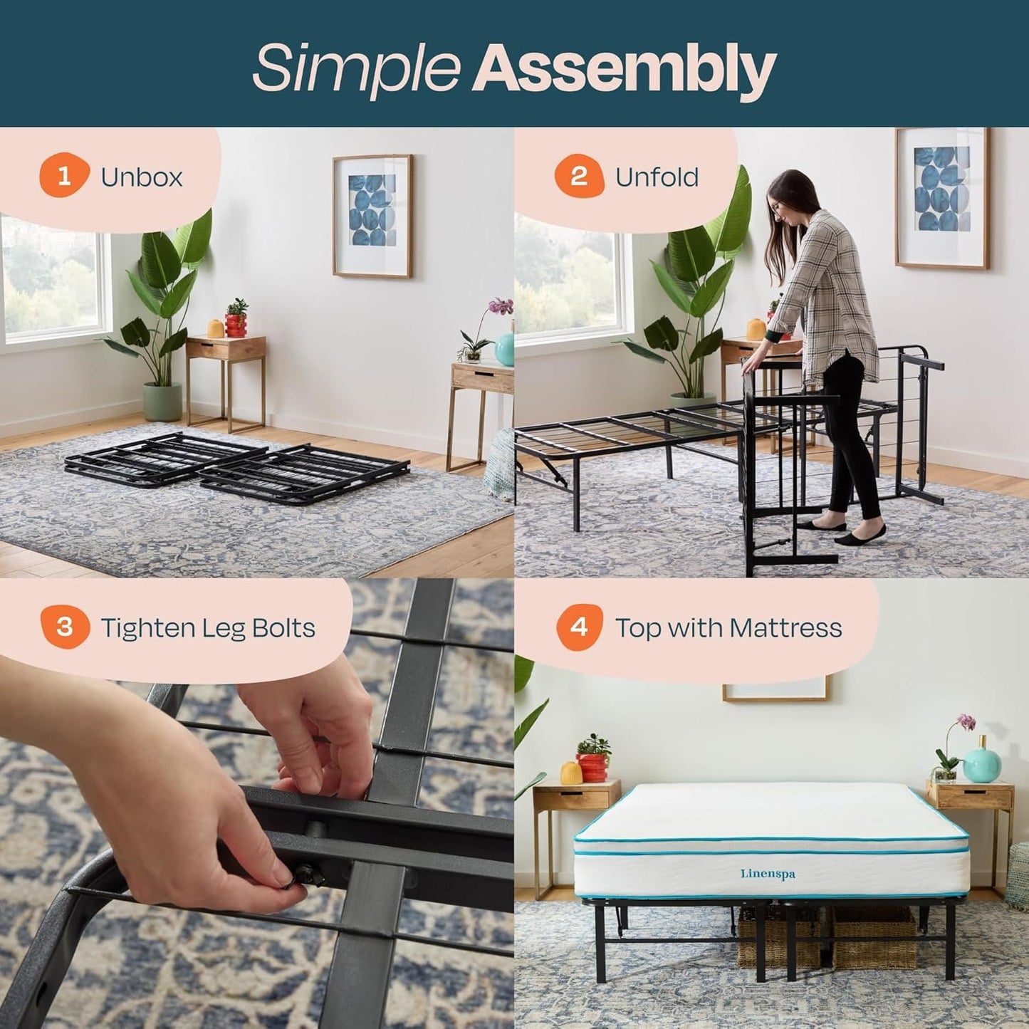 LINENSPA 14 Inch Folding Metal Platform Bed Frame - 13 Inches of Clearance - Tons of Under Bed Storage - Heavy Duty Construction - 5 Minute Assembly - Full