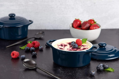 Kook Ceramic Mini Cocotte Set, Small Casserole Dishes with Lids and Handles, Individual Baking Ramekins, Oven, Microwave & Dishwasher Safe, Stoneware, 12 oz, Set of 4, Navy