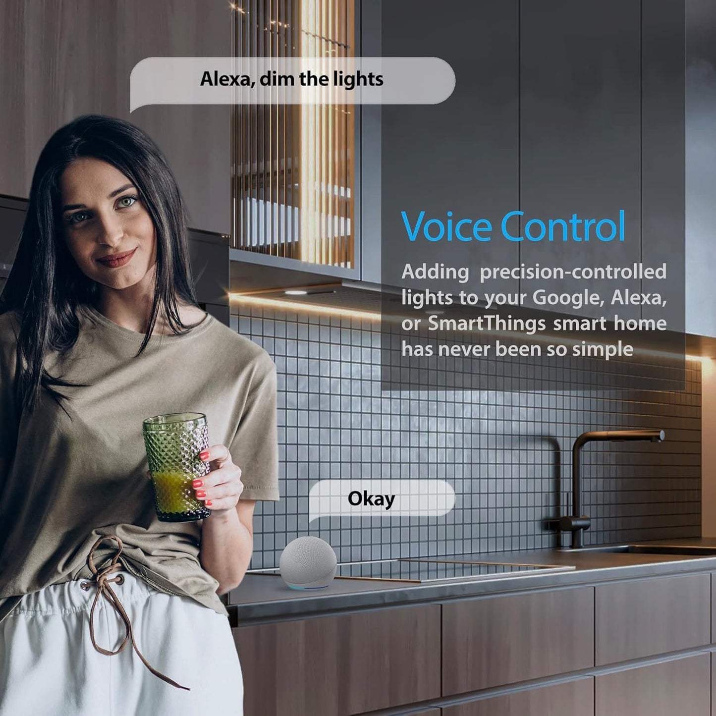 EShine 1 Pack 20 inch Black Smart Dimmable LED Under Cabinet Lighting Kit Compatible with Alexa, Google - Light Color Warm White (3000K)