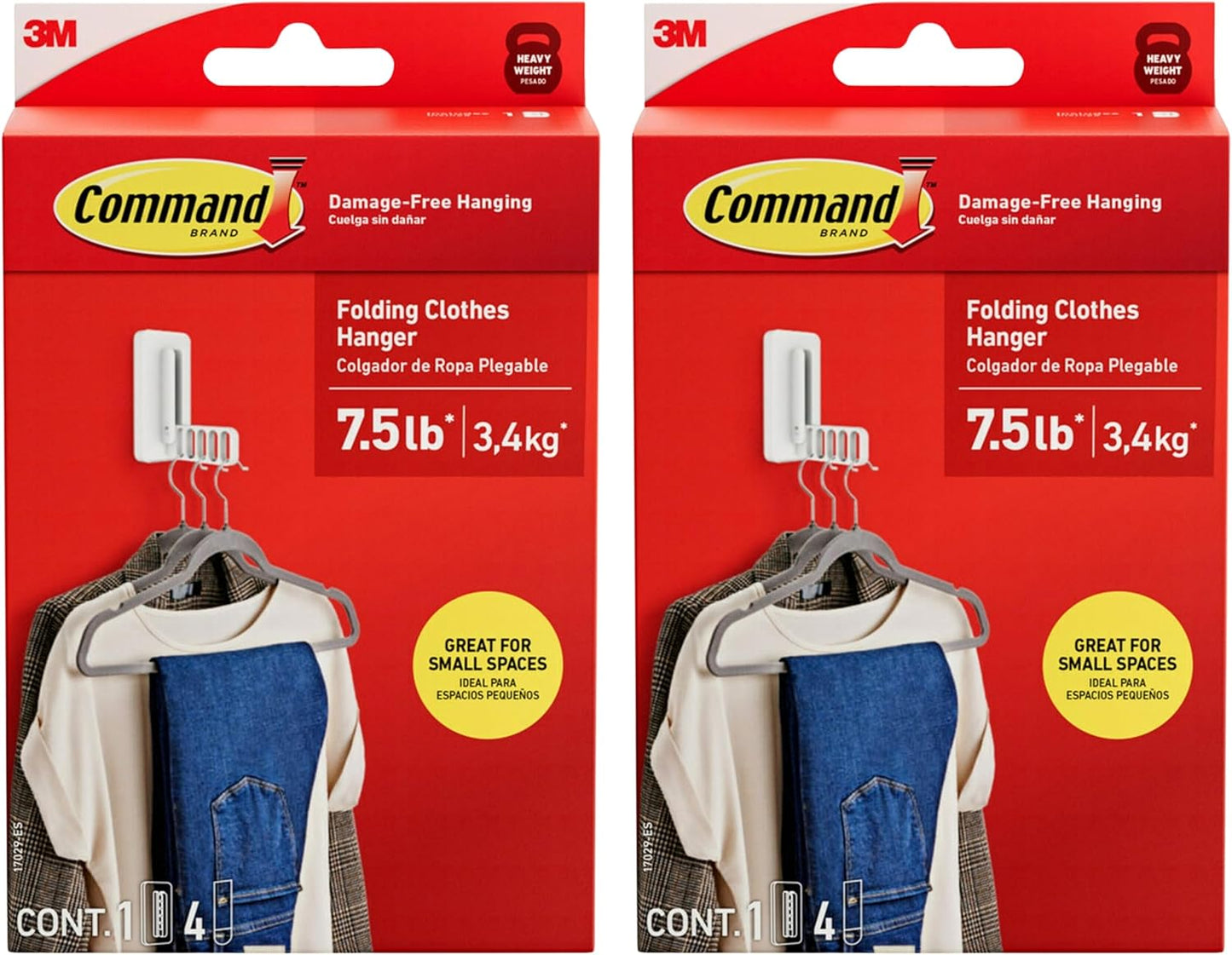 Command Folding Clothes Hanger, Holds up to 5 Hangers 7.5 lb, 1.5lbs per Rung, 1 Hook with 5 Rungs, 4 Strips, Closet Organizer, Home Organization (2 Pack)