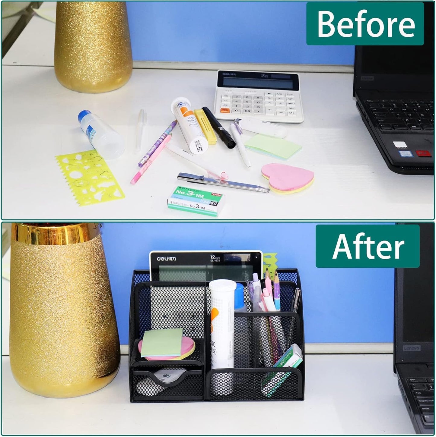 PYJLBX Desk Organizer, Pen Holder Desk Accessories, Metal Mesh Desk Organizers and Storage, Pencil Holder Desk Organizers Office Supplies Caddy Desk Storage with Draw for Home, Office, School (Black)