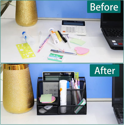 PYJLBX Desk Organizer, Pen Holder Desk Accessories, Metal Mesh Desk Organizers and Storage, Pencil Holder Desk Organizers Office Supplies Caddy Desk Storage with Draw for Home, Office, School (Black)