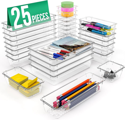 Kichly Pack of 25 Clear Plastic Drawer Organizer Set - 4 Sizes Desk Organizers and Storage Bins with Non-Slip Pads for Makeup, Jewelry, Gadgets,Trays for Kitchen, Bathroom, Bedroom, and Office Use