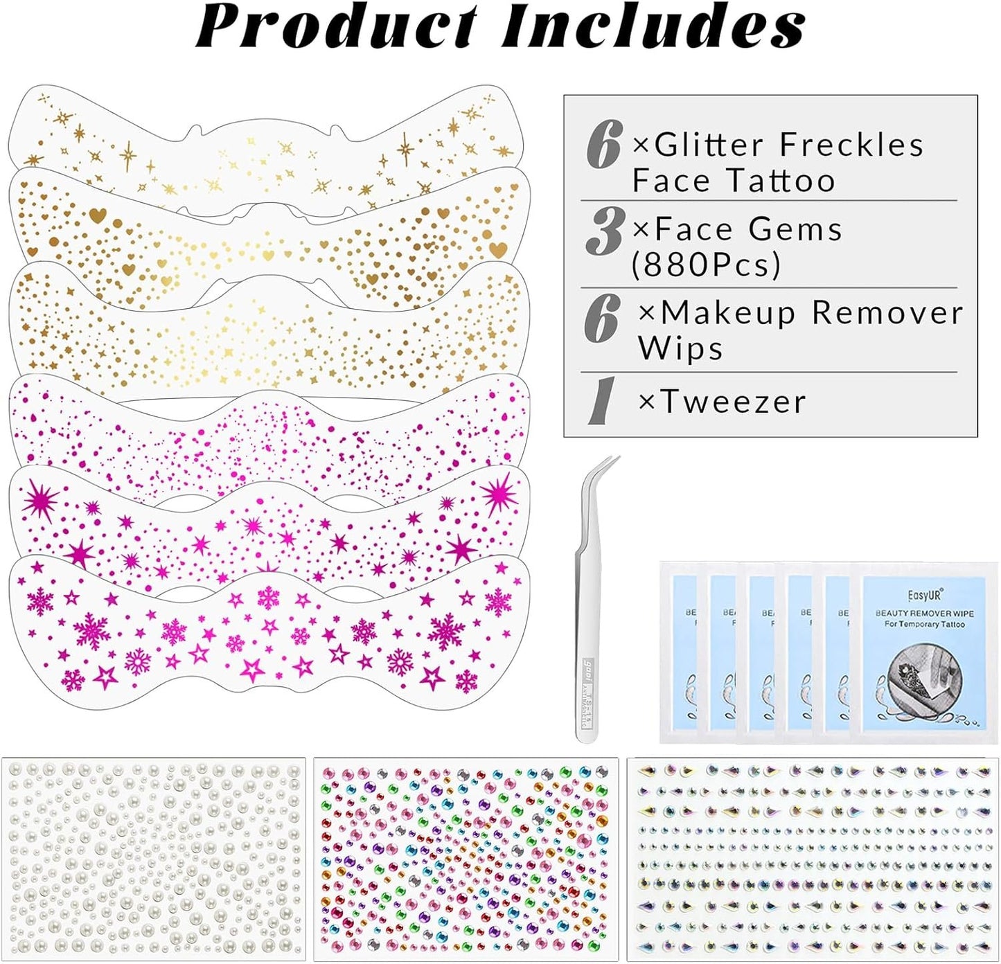 HOSAILY 6 pcs Gold+Rose Red Glitter Freckles Face Tattoo, Sparkle Face Glitter Makeup for Women, 3 pcs Gems Jewels Pearl Half Magic Stickers Fairy Mermaid Makeup for Festival Rave Party Accessories