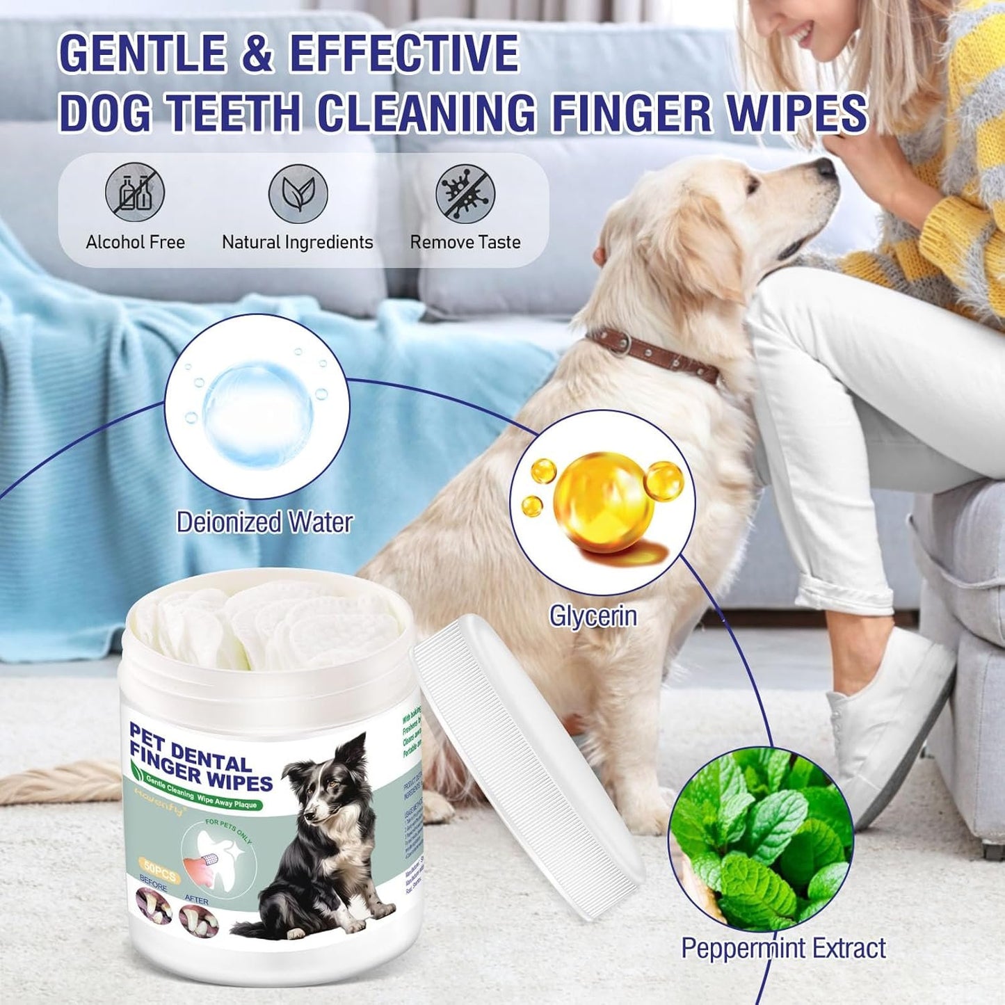 Havenfly Teeth Cleaning Finger Wipes 50pcs for Dogs & Cats, Disposable, Removes Bad Breath, Gentle Cleaning, Gum Care, Promote Pet Oral Hygiene