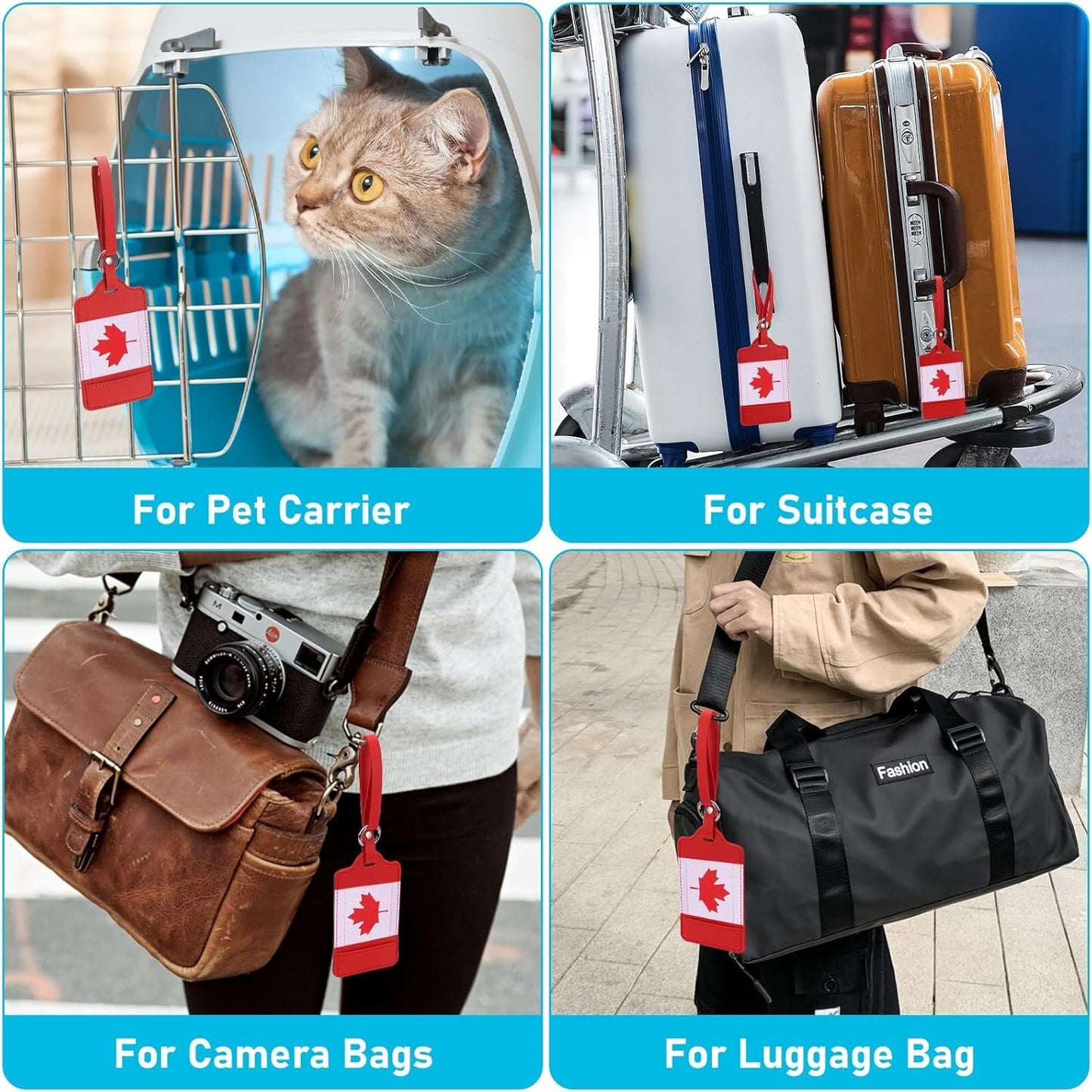 4 Pack Canadian Flag Luggage Tags, Anyos PU Leather Travel Bag Labels Suitcase Baggage Tags with Name ID Card Privacy Protection(Red)