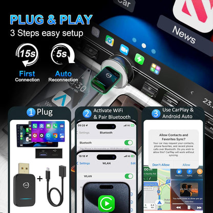 2 in 1 Wireless Carplay Adapter for iPhone, Android Auto Wireless Adpater, Plug & Play USB CarPlay Wireless Stick, Convert Wired Android Auto/Carplay to Wireless for Android 11+/iOS 10+ Phones