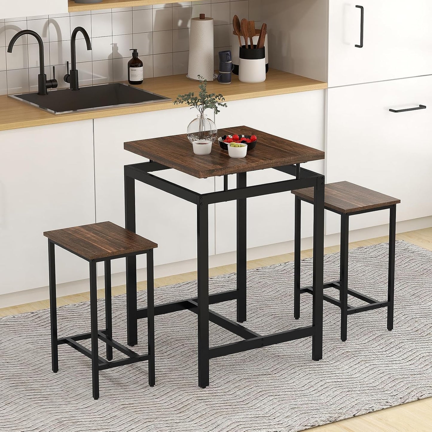 Giantex Counter Height Table with 2 Stools, Pub Dining Table Set with Floating Tabletop & Footrest, Breakfast Table Set for Small Space, Industrial Bistro Set for Apartment Kitchen, Rustic Brown