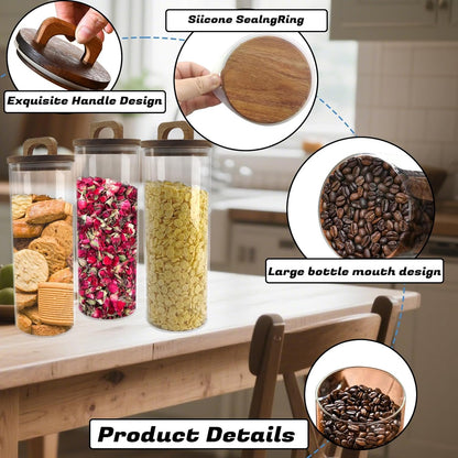Set of 3 Glass Jars Food Storage Containers with Wooden Lid - Airtight Kitchen Canisters for Spaghetti, Coffee beans, Oat,cereal,Tea, Flour, Sugar, Food Jars With Acacia Wood Lids (1750ml/59oz)