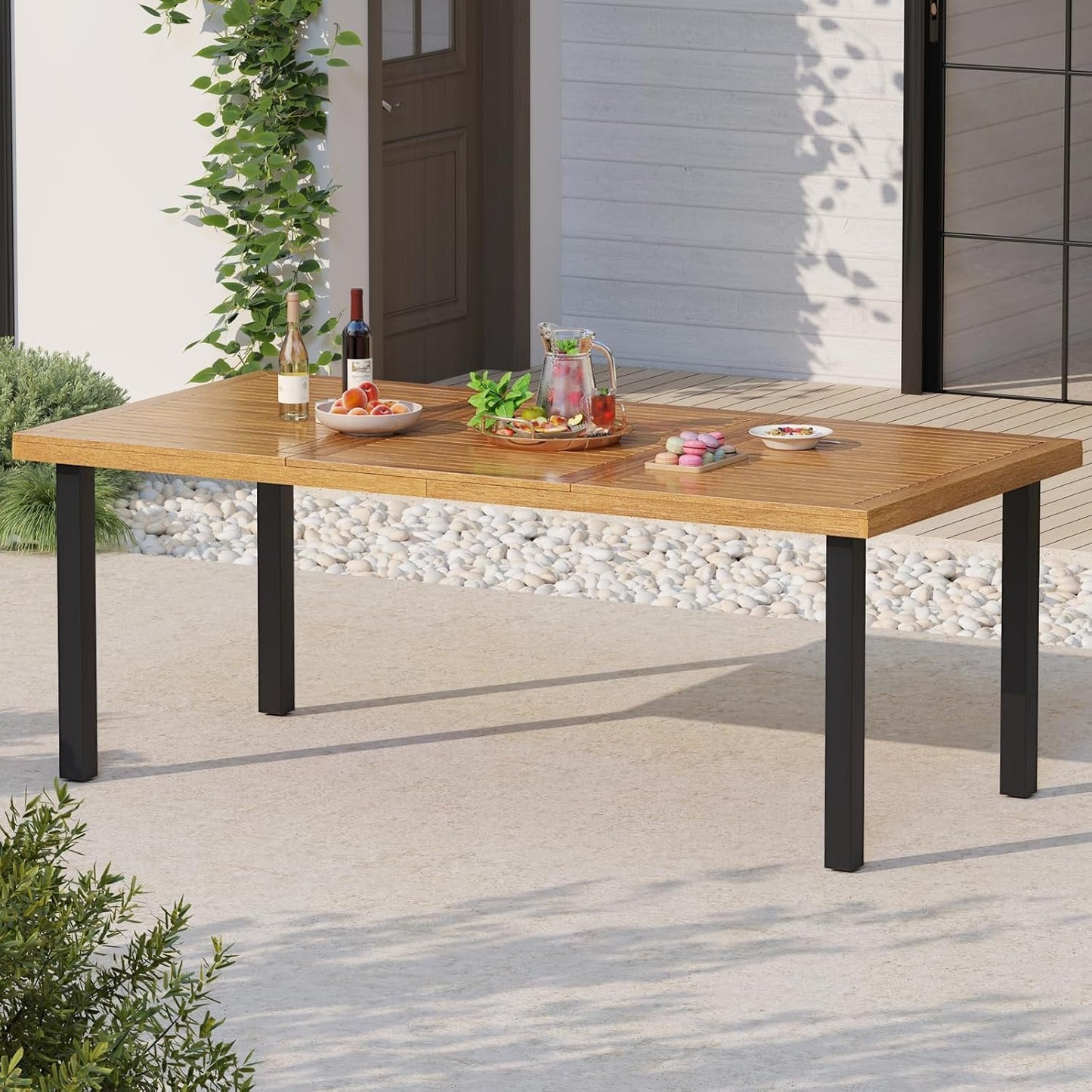 HAPPYGRILL Patio Dining Table for 8, 79" Large Rectangle Table with Acacia Wood Tabletop & Heavy Duty Metal Legs, Outdoor Dining Table with 2" Umbrella Hole for Backyard, Lawn & Garden