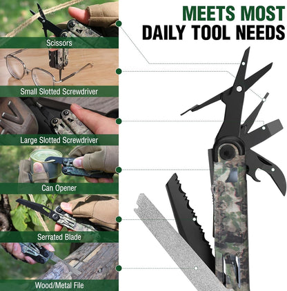 FLISSA 15-in-1 Multitool Pocket Knife with Sheath, Durable Stainless Steel Multi Tool Pliers for Men, Camo All-in-One Tool