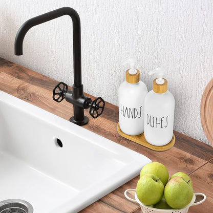 Hand and Dish Soap Dispenser for Kitchen by Brighter Barns - White Kitchen Soap Dispenser Set with Tray - Farmhouse Glass Soap Dispenser - Cute Housewarming, Wedding, Boho Home Decor