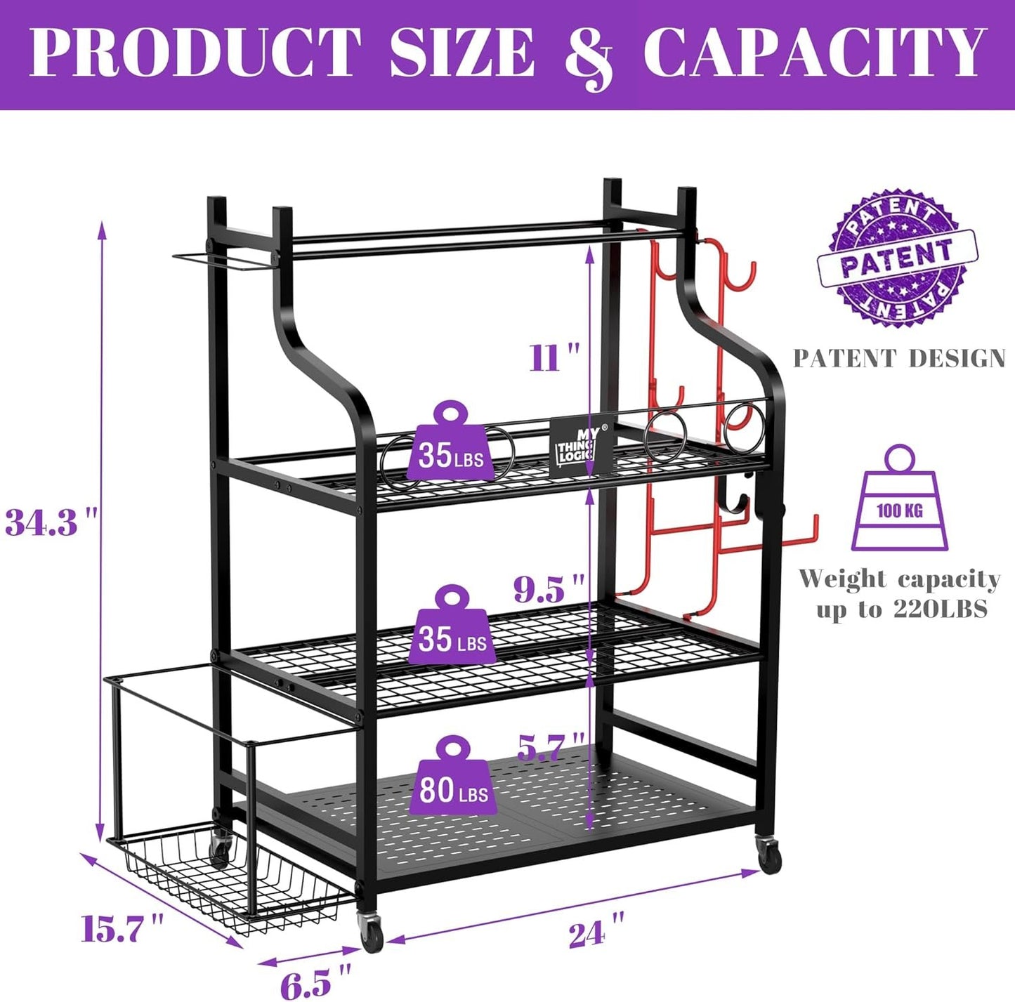 Mythinglogic Yoga Mat Storage Racks, Home Gym Storage Rack for Foam Roller, Resistance Band, Dumbbell, Kettlebell, Yoga Mat Holder, Workout Equipment Storage Organizer with Wheels and Hooks