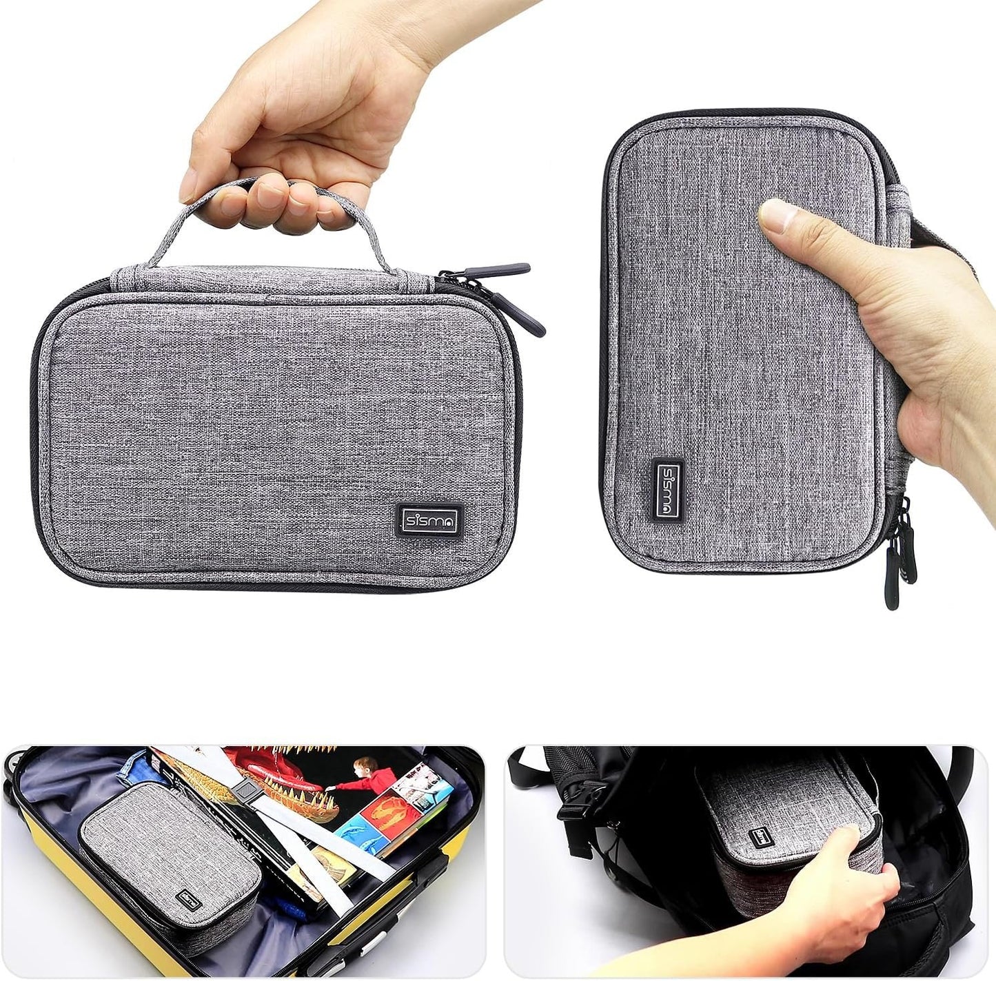 sisma Travel Electronics Organiser Carrying Case for Power Cords Power Bank Earbuds Hard Drives Memory Cards Laptop Adapter Mouse Small Tech Accessories -Grey 1680d Fabrics