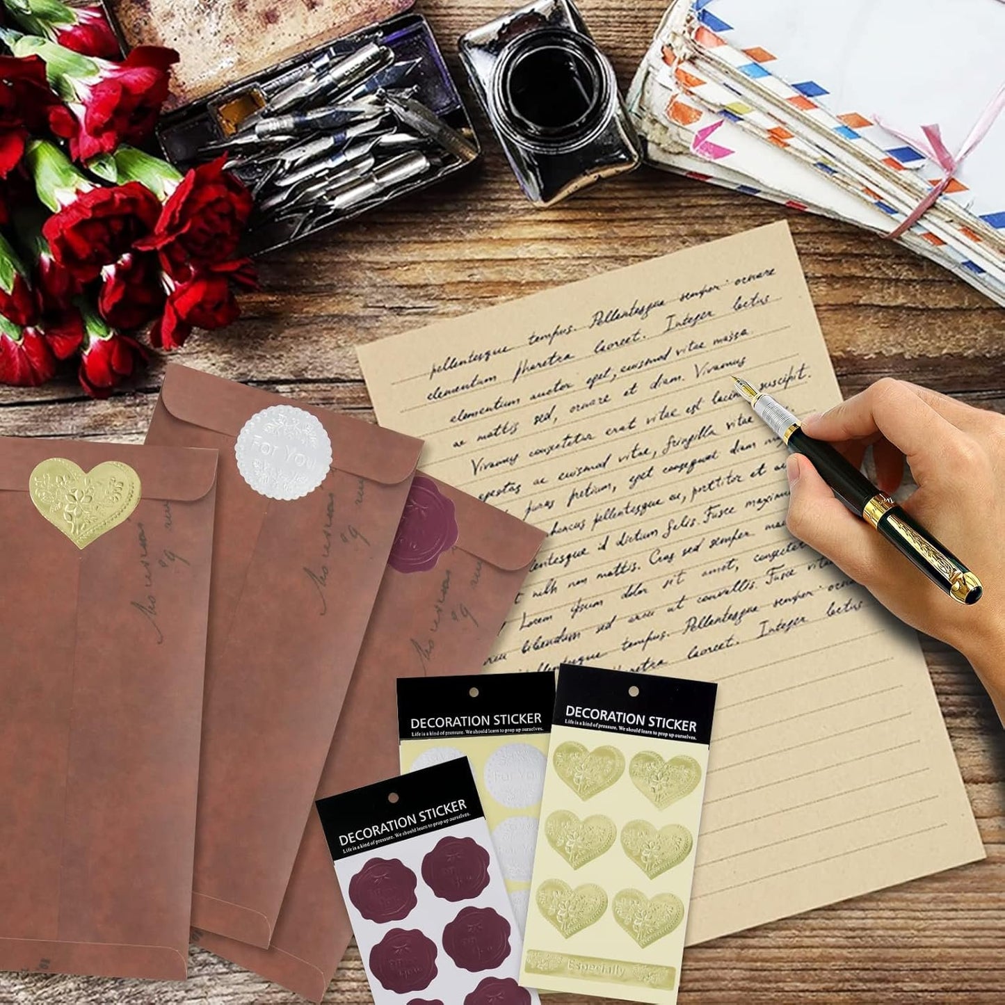 Envelope Letter Paper Set, 50 Pieces Letter Paper and Envelopes, Vintage Writing Paper Set with 18 Red Brown Envelopes, 18 Wax Seal Stickers