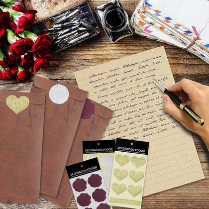 Envelope Letter Paper Set, 50 Pieces Letter Paper and Envelopes, Vintage Writing Paper Set with 18 Red Brown Envelopes, 18 Wax Seal Stickers