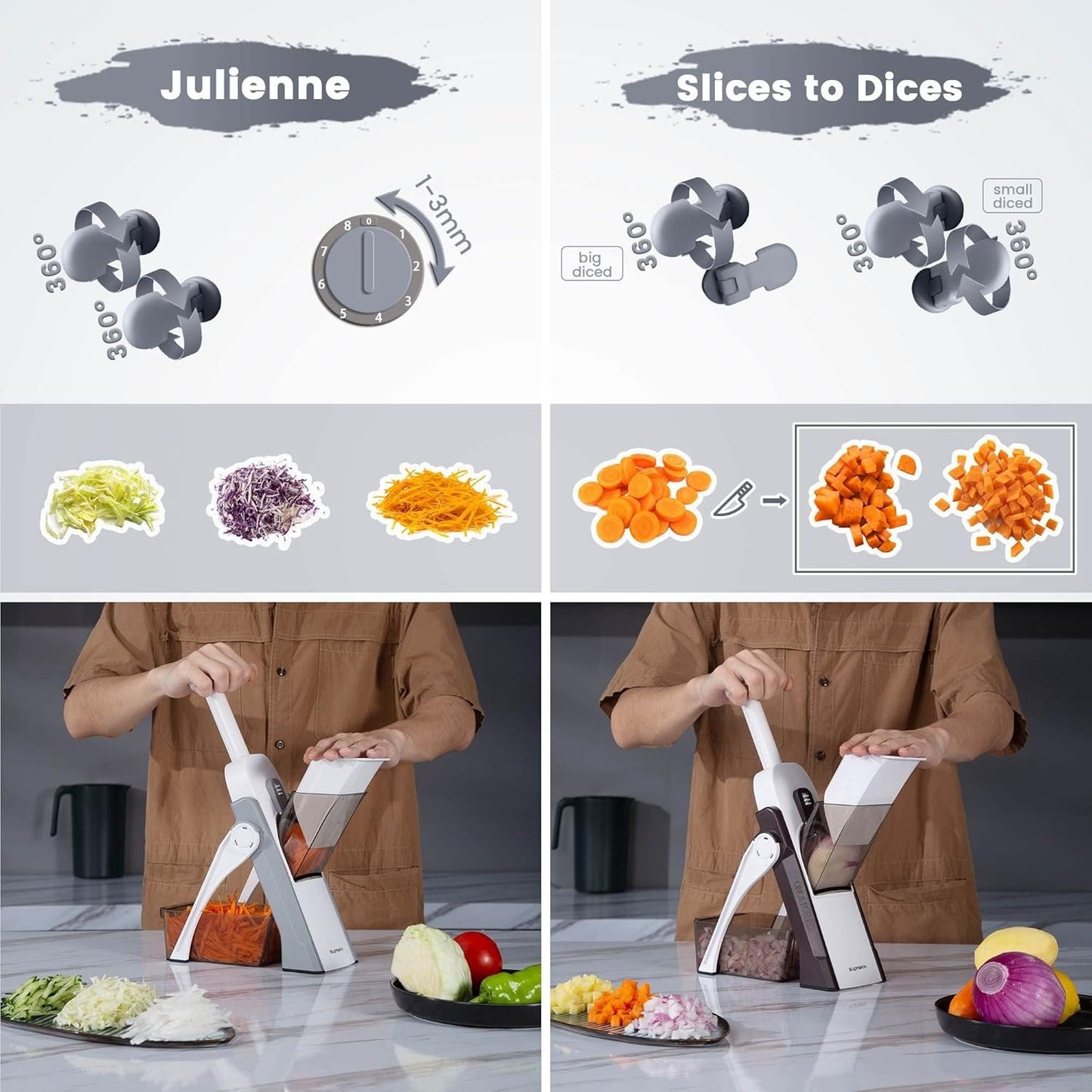 SupMaKin Mandoline Slicer for Kitchen, Safe Vegetable Chopper Adjustable Food Chopper Fruits and Vegetables Chopping Artifact (Gray)