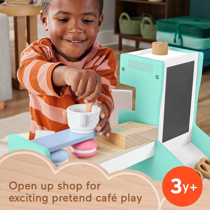 Fisher-Price Wood Pretend Play Coffee Shop & Toy Register, 20-Piece Wooden Food Playset for Preschool Kids Ages 3+ Years