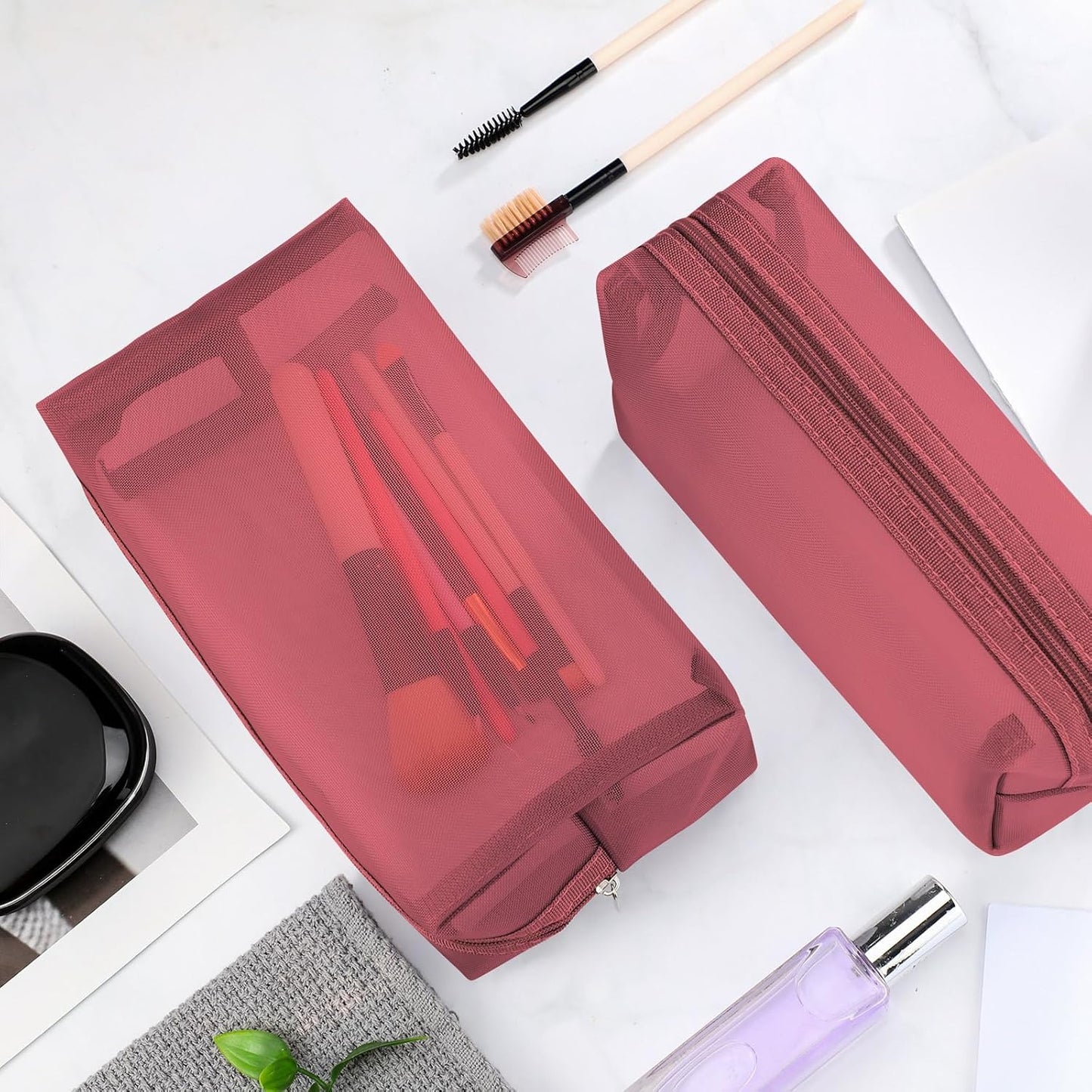 6 Pieces Mesh Makeup Bags Mesh Cosmetic Bag Portable Travel Organizing Zipper Pouch Toiletries Makeup Pouches for Home Office Travel Accessories (Wine Red)