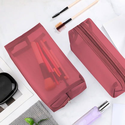 6 Pieces Mesh Makeup Bags Mesh Cosmetic Bag Portable Travel Organizing Zipper Pouch Toiletries Makeup Pouches for Home Office Travel Accessories (Wine Red)