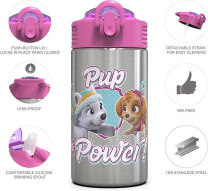 Zak Designs Paw Patrol Skye - Stainless Steel Water Bottle with One Hand Operation Action Lid and Built-in Carrying Loop, Kids Water Bottle with Straw Spout is Perfect for Kids (15.5 oz, BPA-Free)