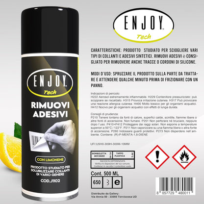 ENJOY TECH - Label Remover Spray 500 ml | Quickly removes stubborn labels from all surfaces | Removes glue and adhesives on various surfaces | Made in Italy