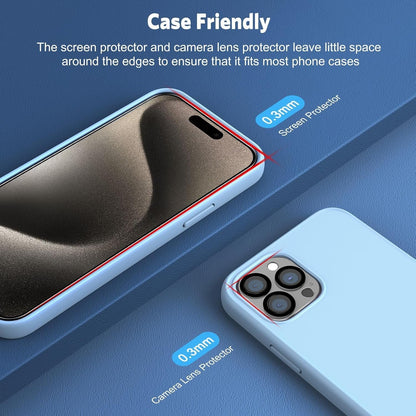 OMOTON Screen Protector for iPhone 15 Pro, 3 Pack Tempered Glass Screen Protector with 3 Pack Camera Lens Protector for iPhone 15 Pro 6.1-inch, Case Friendly/Easy Installation with Alignment Framework