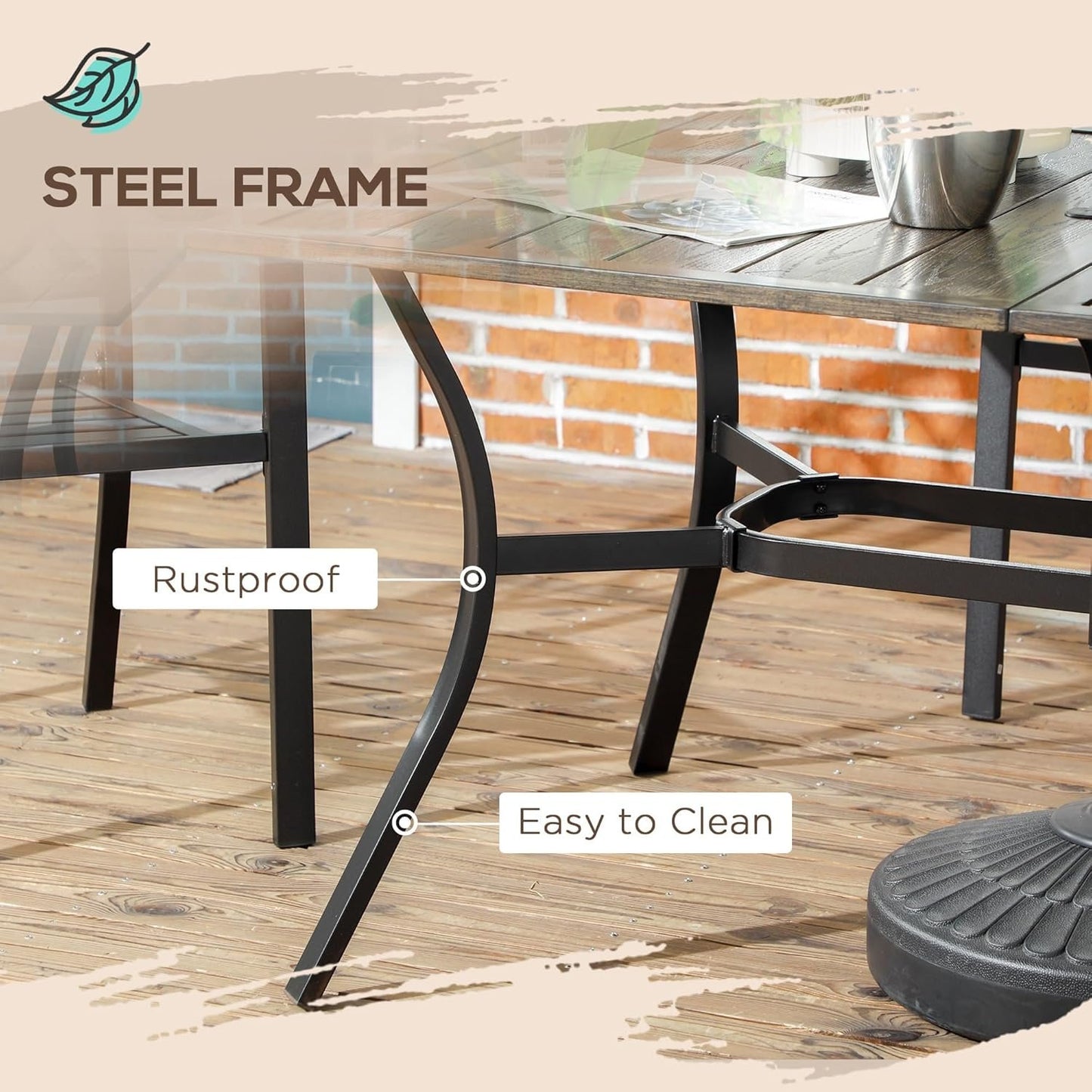 Outsunny 59 Inch Outdoor Dining Table for Six, Patio Table with Parasol Hole, Wood Grain Tabletop, Steel Frame, for Backyard, Garden, Balcony, Deck, Brown
