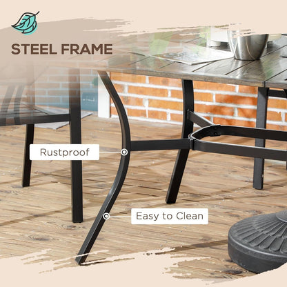 Outsunny 59 Inch Outdoor Dining Table for Six, Patio Table with Parasol Hole, Wood Grain Tabletop, Steel Frame, for Backyard, Garden, Balcony, Deck, Brown