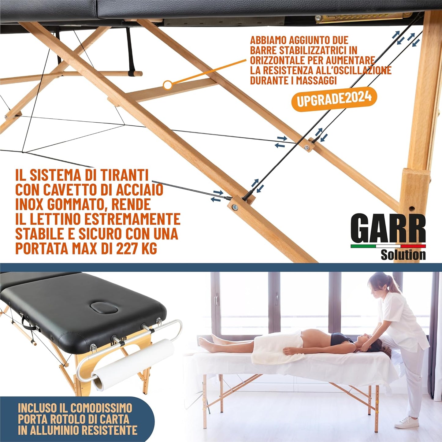 GARR Solution Portable 3 Zone Wooden Massage Table Professional Folding Lightweight 185 x 70 H62/87 cm with Roll Holder and Accessories – Suitable for Beauticians, Physiotherapy and Tattoo – Black