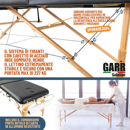 GARR Solution Portable 3 Zone Wooden Massage Table Professional Folding Lightweight 185 x 70 H62/87 cm with Roll Holder and Accessories – Suitable for Beauticians, Physiotherapy and Tattoo – Black