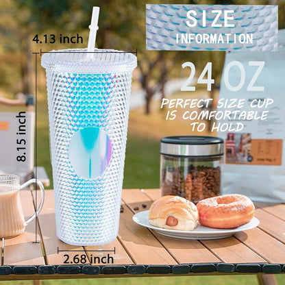 24oz Studded Tumbler with Lid & Straw,Glitter Reusable BPA Free Plastic Textured Water Bottle Drinking Cup,Double Wall Mug,Travel Friendly Water/Iced Coffee/Smoothie,Perfect for Home&Outdoor (White)