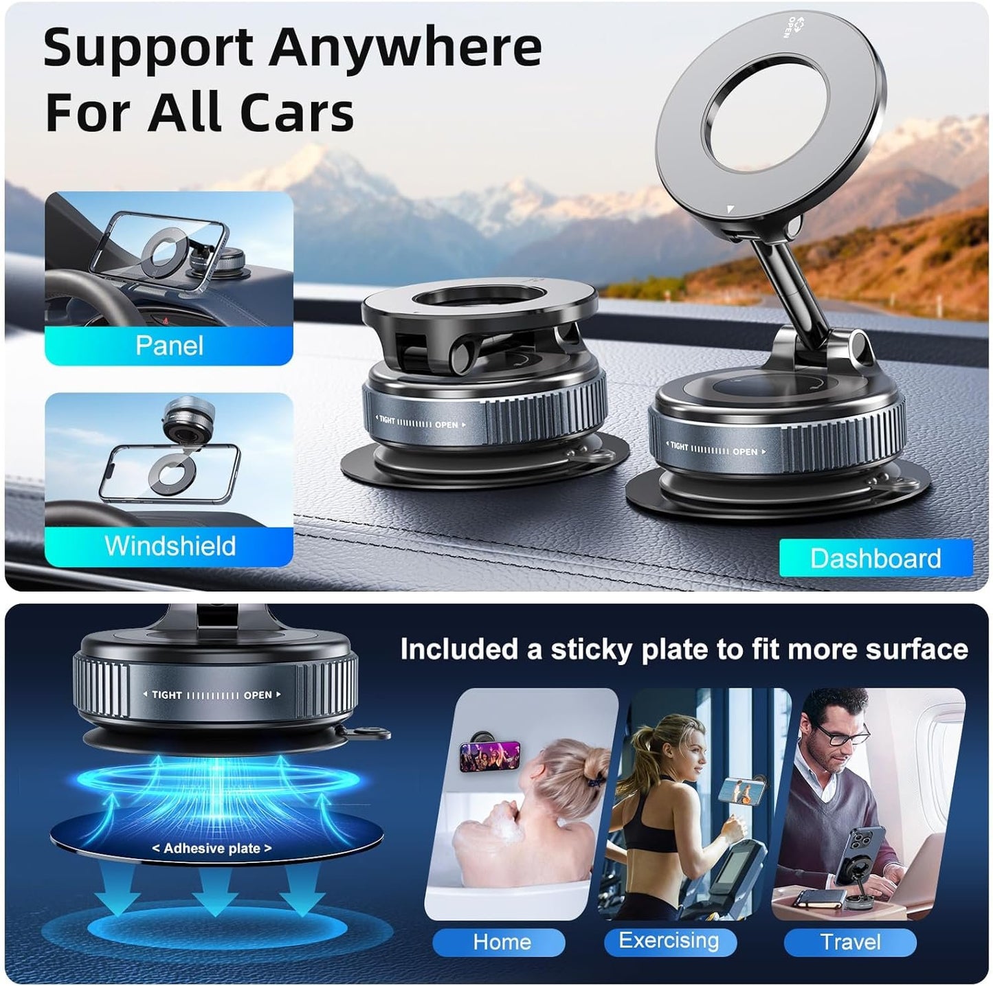 FONKEN Magnetic Phone Holder for Car, 360°Adjustable Vacuum Magnetic Phone Holder Hands-Free Suction Cup Phone Mount Foldable Vacuum Phone Stand for All Phones & Car/Gym/Mirror/Shower/Smooth Surface