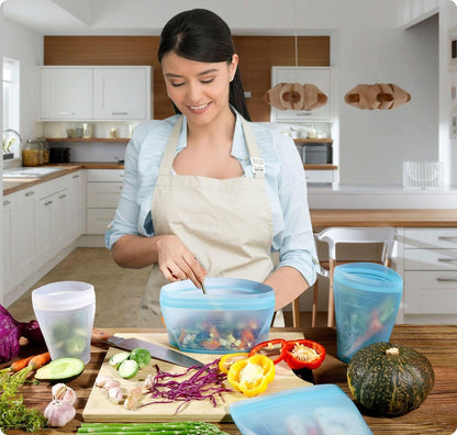 Zip Standing Reusable Silicone Food Storage Bag, Set of 6 White Stand Up Food Storage Container, Reusable Zipper seal bag, no lid required, for Food Storage& Meal Prep, Freezer Oven Dishwasher - Safe