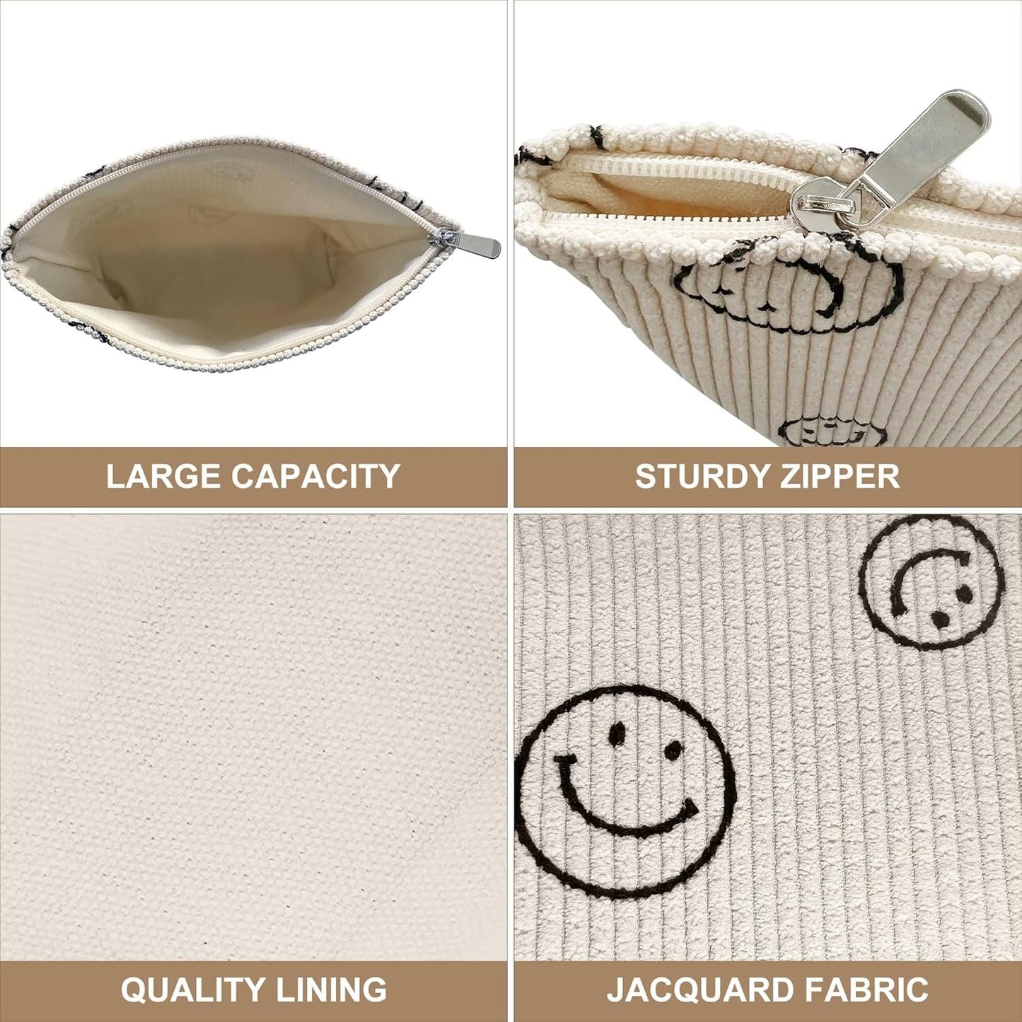 Corduroy Makeup Bag, Cosmetic Bag with Zipper Closure, Make Up Bag Handbags Purses Pouch Travel for Women, Smile Dots Organizer Storage Bag Girls Pencil Case, Clean Girl Aesthetic Must Haves