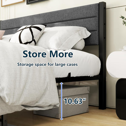 DUMEE Queen Bed Frame, Metal Bed Frame Queen Size with Upholstered Headboard, Heavy Duty Platform Bed Frame No Box Spring Needed &Easy Assembly, Gray Queen Bed
