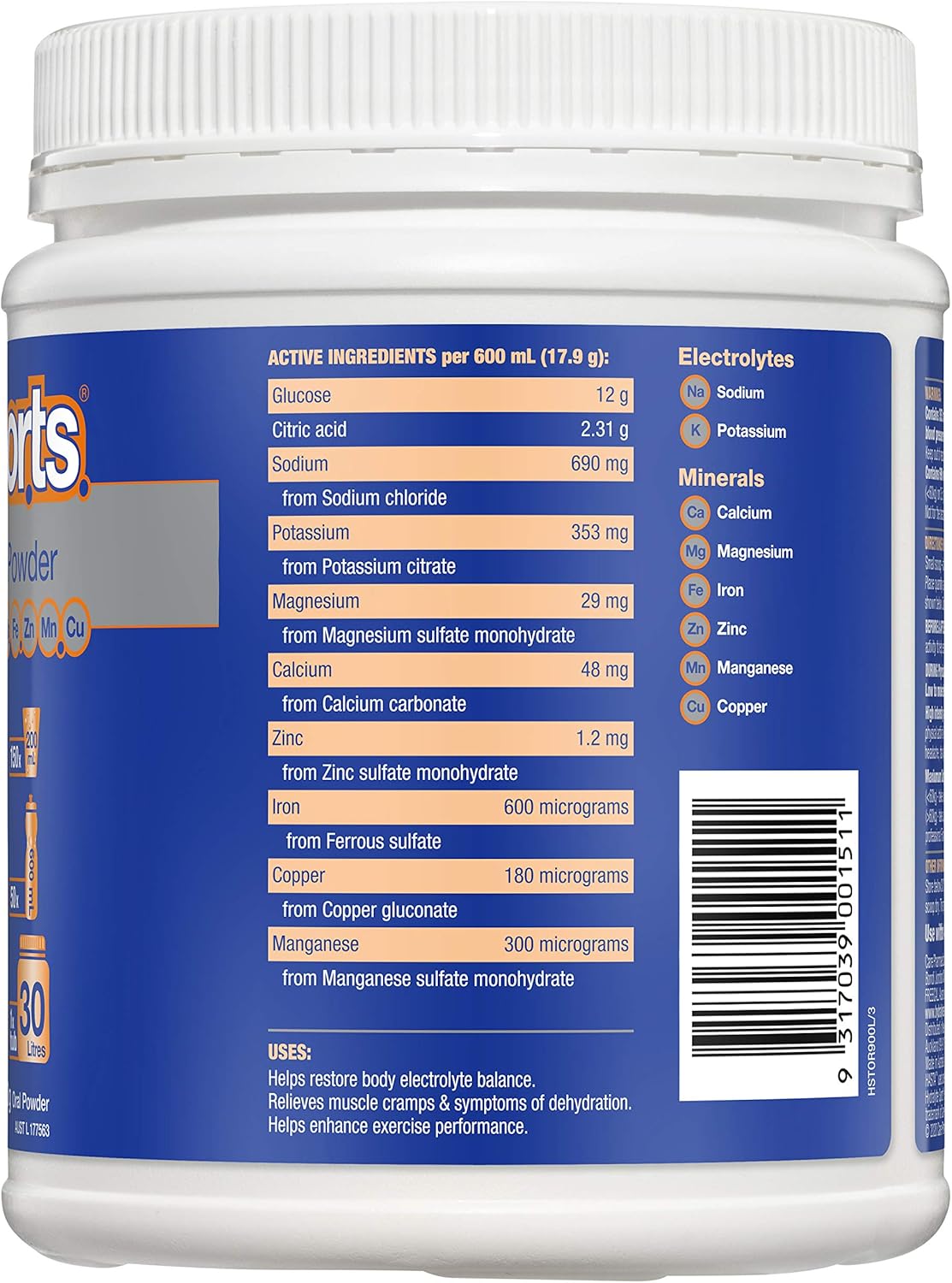 Hydralyte Sports Electrolyte Powder Orange Flavoured 900 g