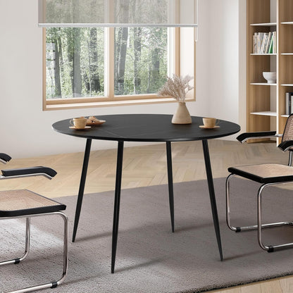Oikiture 110cm Round Dining Table with Marble Table Top and Metal Legs Black