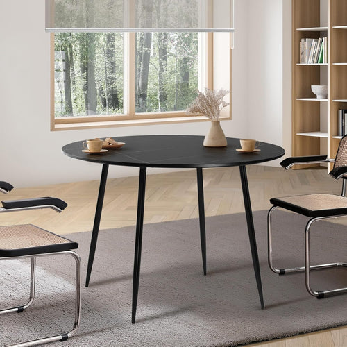 Oikiture 110cm Round Dining Table with Marble Table Top and Metal Legs Black