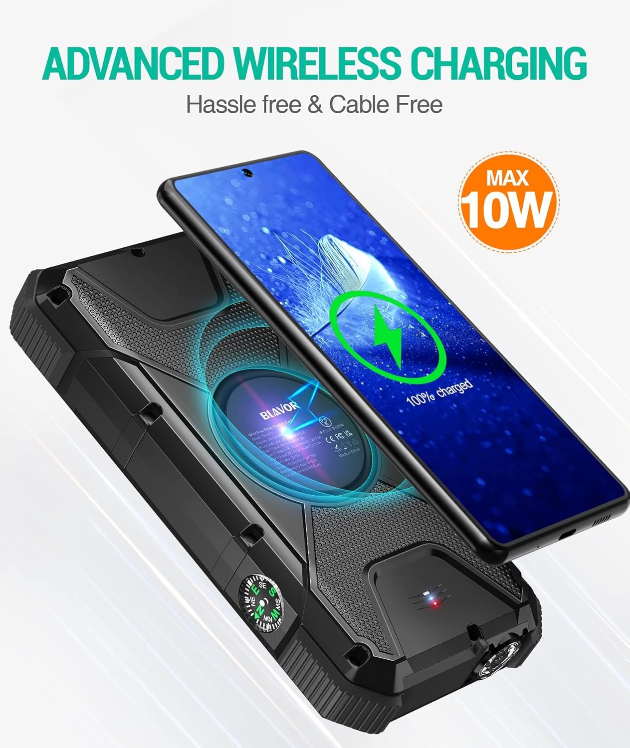 BLAVOR Solar Power Bank, PD 18W QC3.0 Fast Charging 10W Wireless Charger 20000mAh Solar Powered Powerbank with Type C Input/Output, IPX5 Waterproof, Camping Flashlight, Compass, Carabiner (Black)