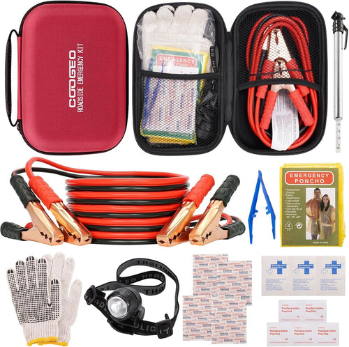 Roadside Assistance Emergency Kit Multipurpose Bag Car Premium with Battery Jumper Cable Kit for Car, Vehicle, Truck or SUV for Men or Women, Red