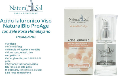 Natural Hyaluronic Acid. Lifting and Anti-Aging Effect, Great for the Face with Himalayan Pink Salt. ProAge Energizing for All Skin Types, 30 ml Made in Italy