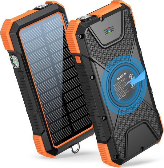 BLAVOR Solar Power Bank PD 18W QC3.0 Fast Wireless Charger 10W/7.5W/5W Four Outputs/Two Inputs 20000mAh External Battery Pack USB C Input/Output IPX5 Waterproof Super Bright Flashlight Compass
