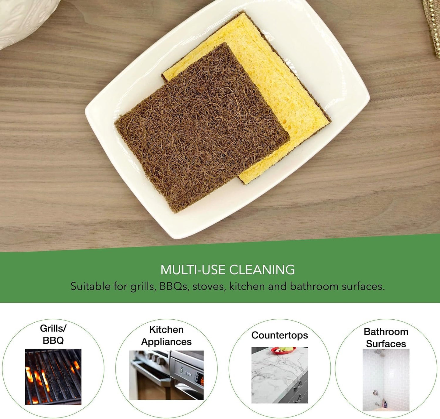 Biodegradable Sponge, Coconut Fiber with Cellulose Eco Sponge, Natural Sponges for Dishes, Sustainable, Environmentally Friendly Kitchen Scouring Pad, Scratch Free, Compostable, 4 Pack