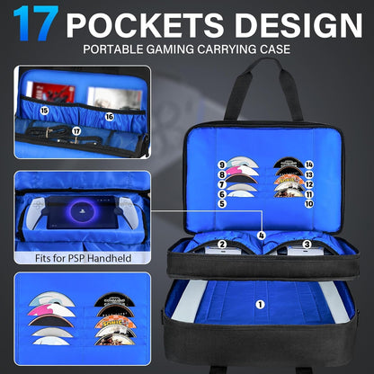 Carrying Case Compatible with PS5 Pro/PS5/PS4/PS4 Slim, Travel Storage Bag Fits for PlayStation 5/Digital Edition Console/PSP Handheld, Controllers, Game Discs & Accessories