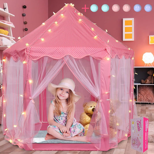 Volscity Princess Tent for Girls,Kids Castle Play Tent with LED Star Lights,Large Playhouse Girl Toy Gifts Age 3+,Indoor and Outdoor Games 55.5"x 53"(DxH) Pink (Pink)