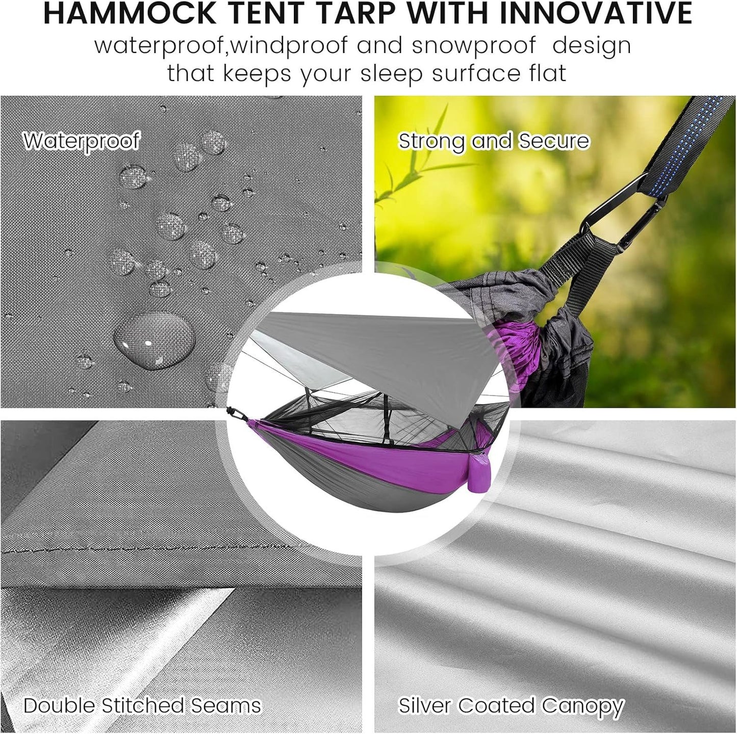 Portable Double Camping Hammock,2 Person Nylon Parachute Hammock with Mos-Quito Net Outdoor Hammocks Tent with Waterproof Rainfly Awning for Outdoors Camping Backpacking Hiking Travel