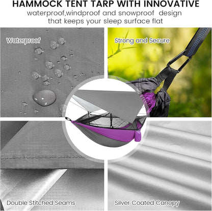 Portable Double Camping Hammock,2 Person Nylon Parachute Hammock with Mos-Quito Net Outdoor Hammocks Tent with Waterproof Rainfly Awning for Outdoors Camping Backpacking Hiking Travel